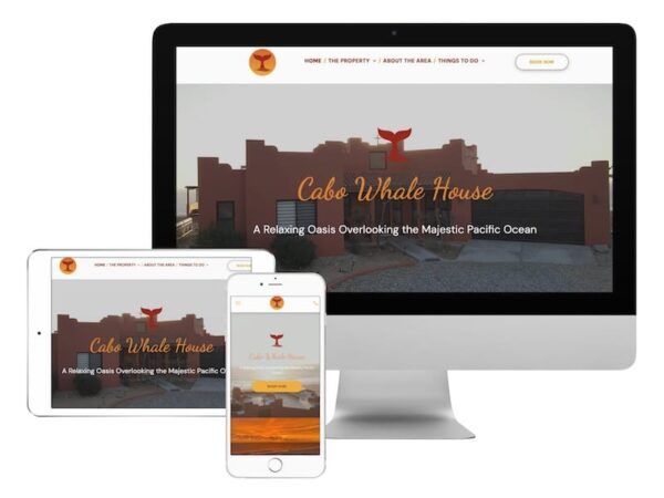 A computer monitor a tablet and a cell phone displaying the cabo whale house website