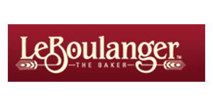 A red and white logo for le boulanger the baker
