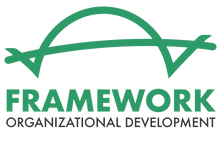 The logo for framework organizational development is green and white.