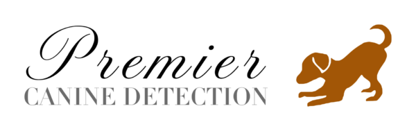 The logo for premier canine detection has a silhouette of a dog on it.