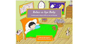 A book called relax-a-bye baby shows a child sleeping in a bed
