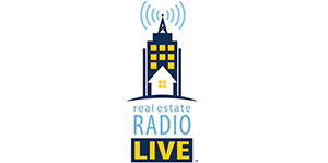 A logo for real estate radio live with a house on top of a building