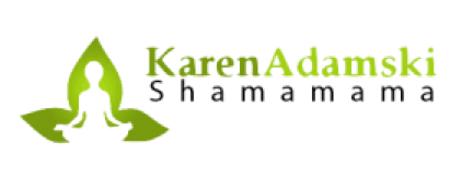 A logo for karen adamski shamamama with a person in a lotus position
