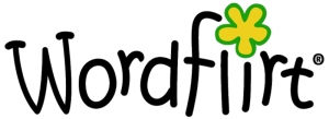 A logo for wordflirt with a yellow flower
