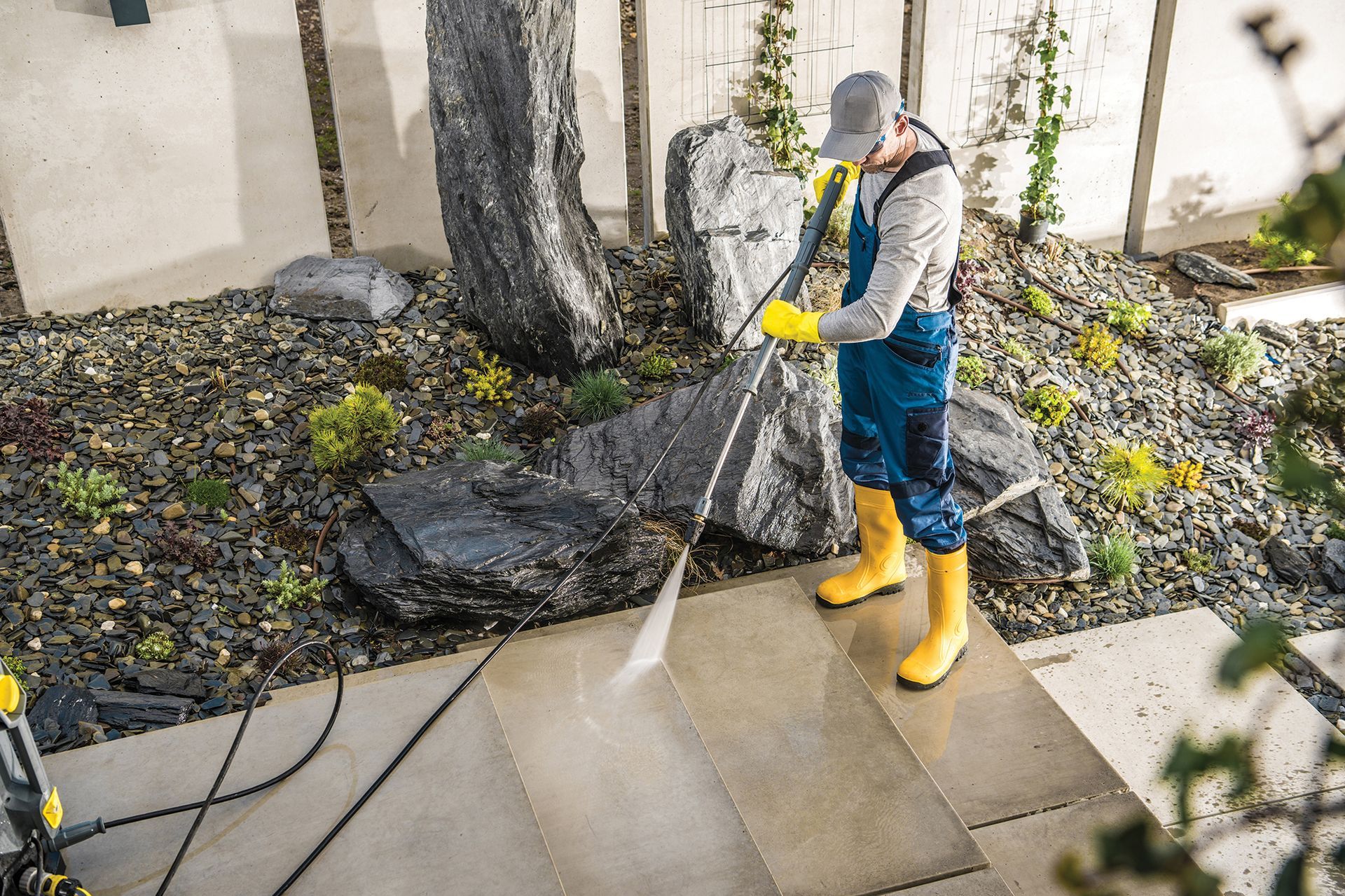 A man is cleaning a patio with a high pressure washer.