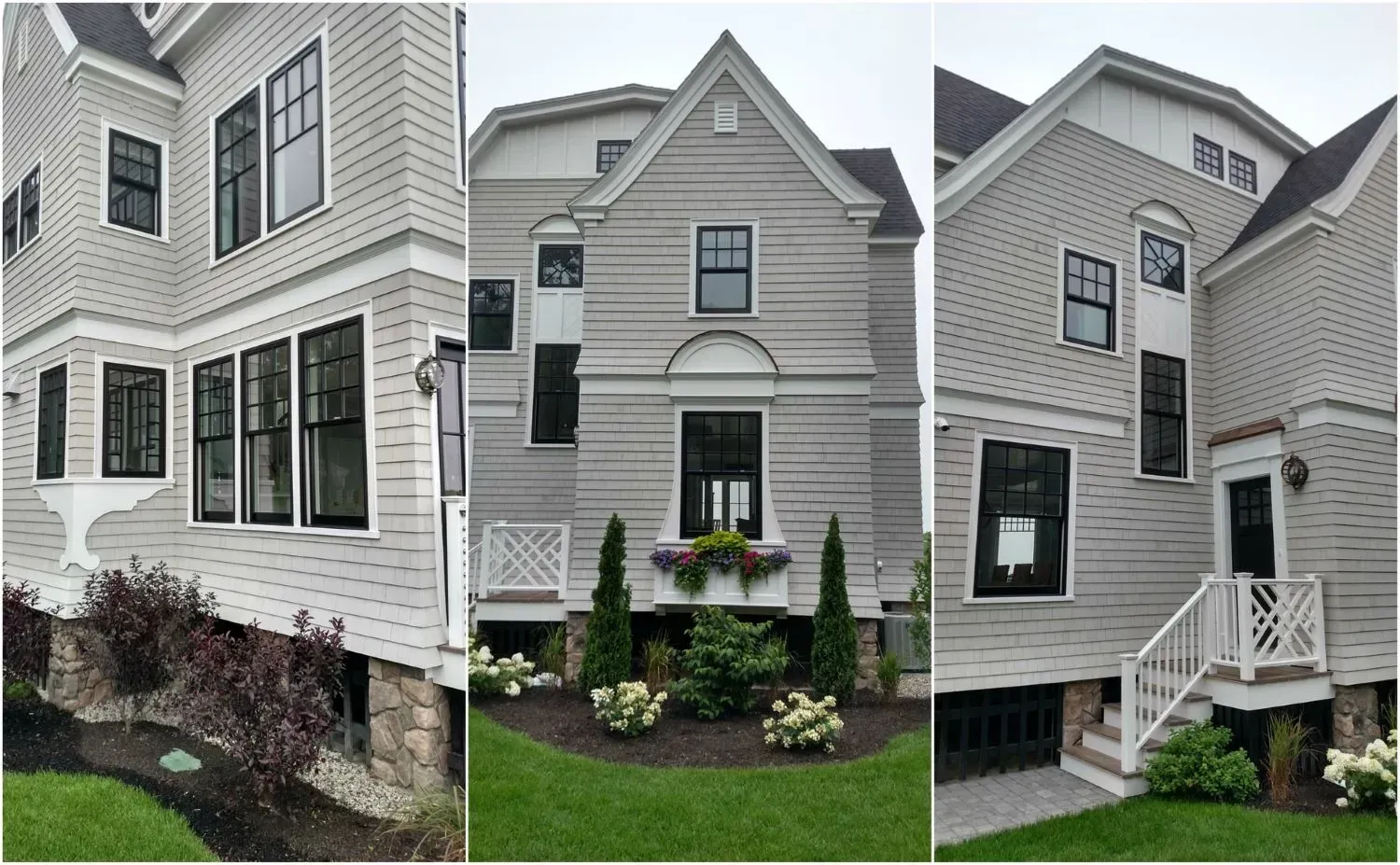 A collage of three pictures of a house with black windows