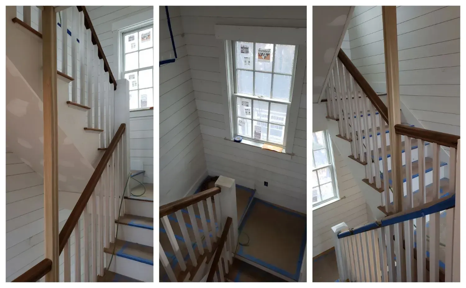 A collage of three pictures of a staircase in a house under construction.