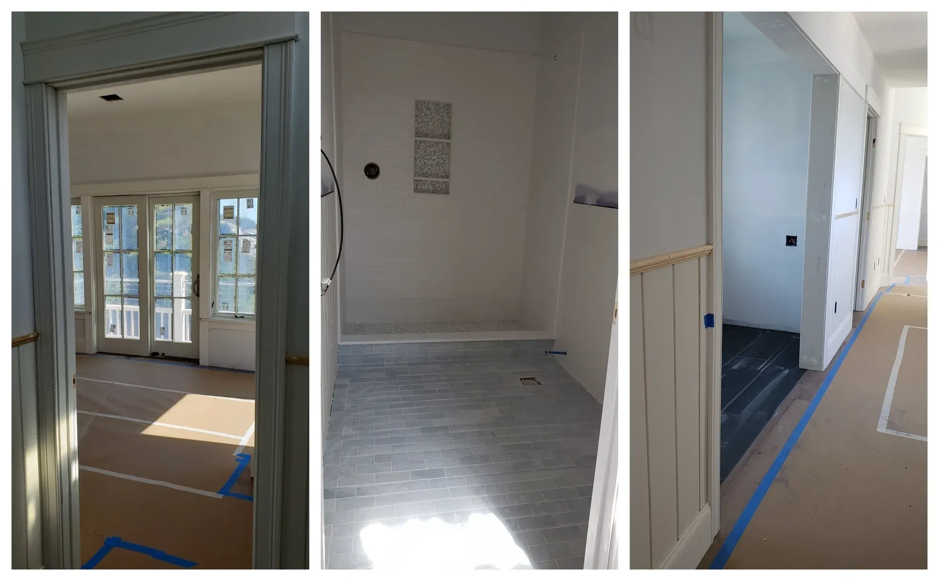 A collage of three pictures of a room being painted.