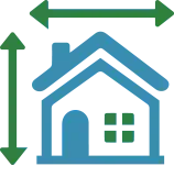 A blue and white house with two green arrows pointing in opposite directions.