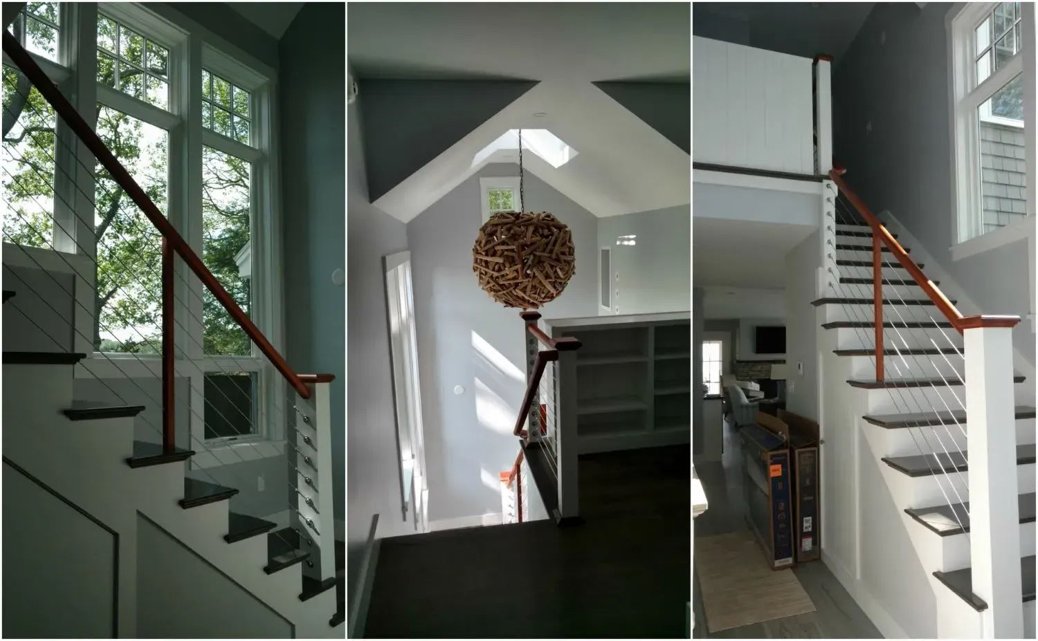 A collage of three pictures of stairs in a house