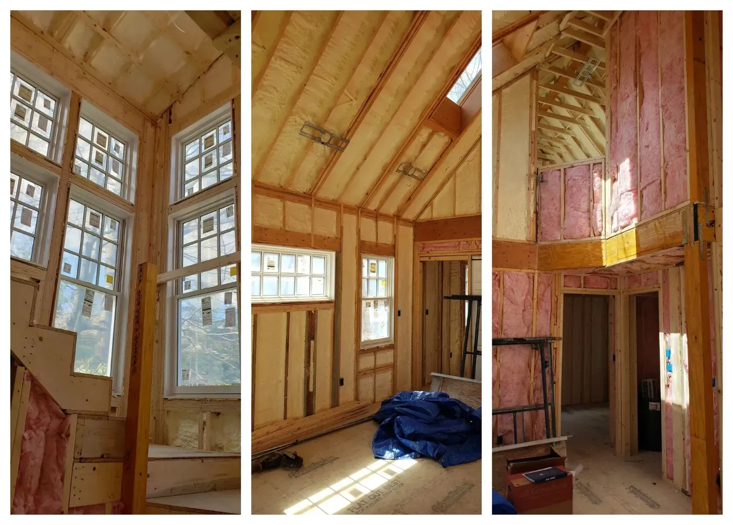 A collage of three pictures of a house under construction.