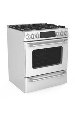 Stainless steel gas range with stovetop burners and oven. Stainless steel gas range with stovetop burners and oven.