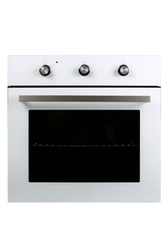White built-in oven with black door and three knobs. White built-in oven with black door and three knobs.