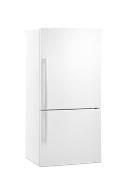 White refrigerator with a top door and a bottom drawer. White refrigerator with a top door and a bottom drawer.