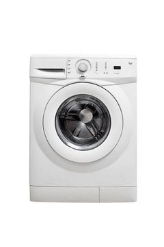 White front-loading washing machine, control panel on top. White front-loading washing machine, control panel on top.