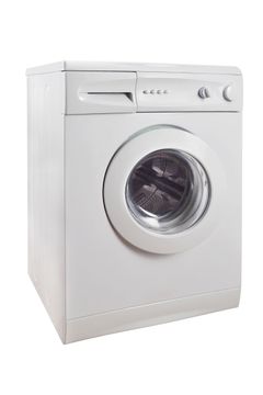 White front-loading washing machine, controls on top. White front-loading washing machine, controls on top.