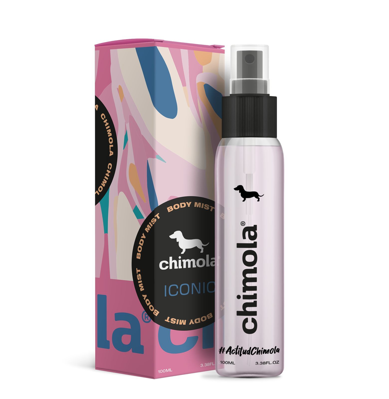 Una botella de spray corporal Chimola Wild junto a una caja.