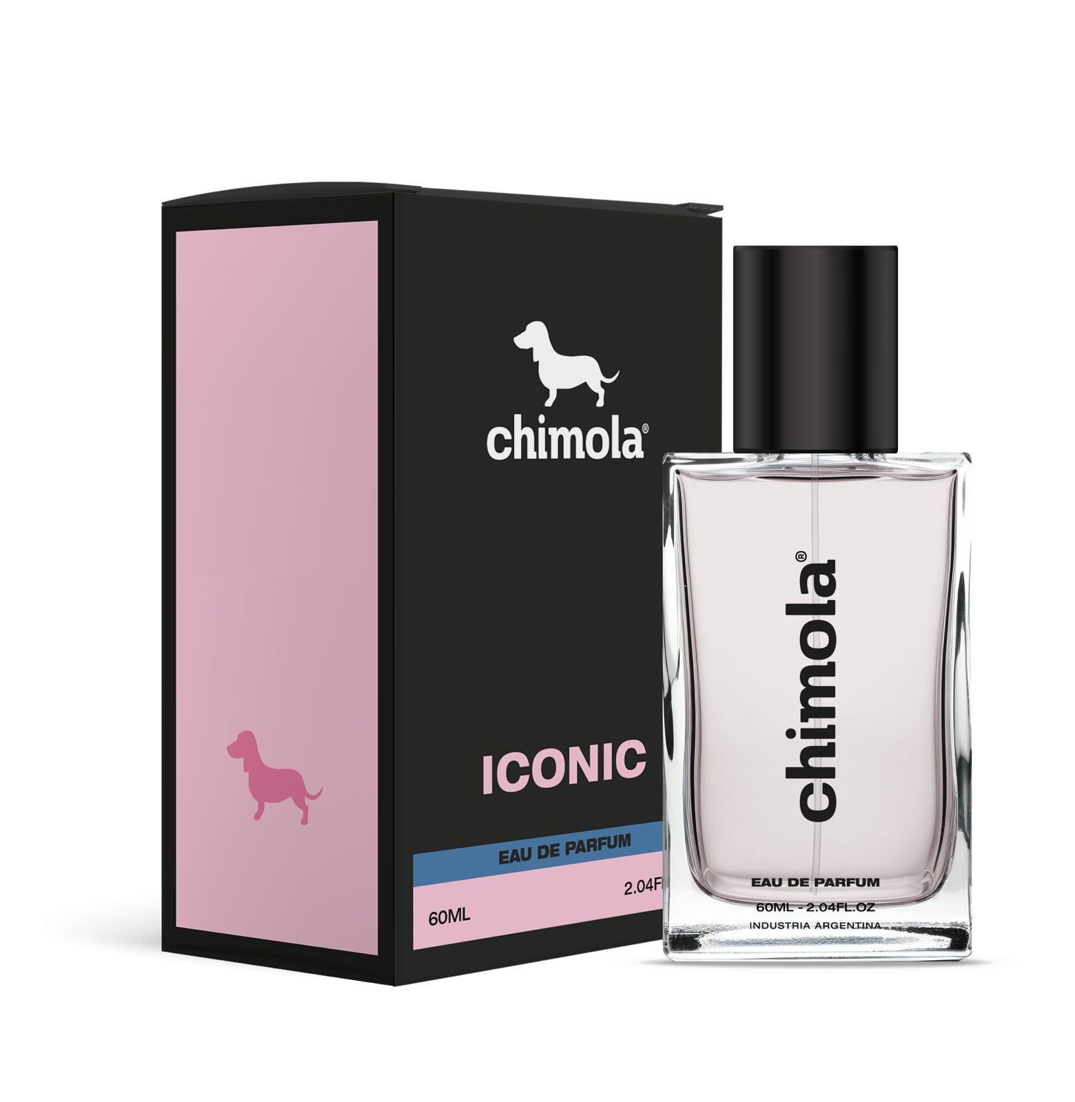 Una botella del icónico perfume Chimola junto a su caja.