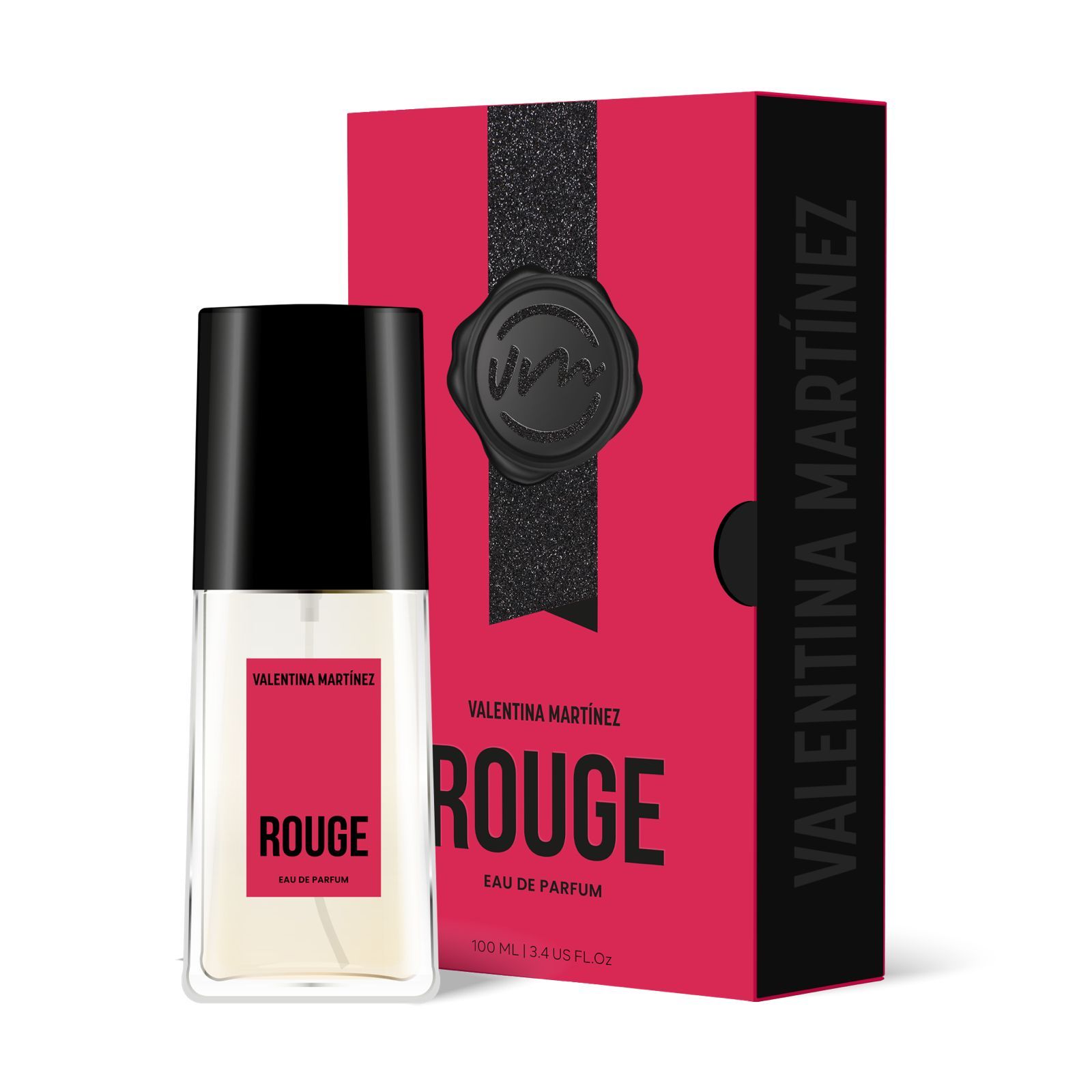 Una botella de perfume de tentación junto a su caja.