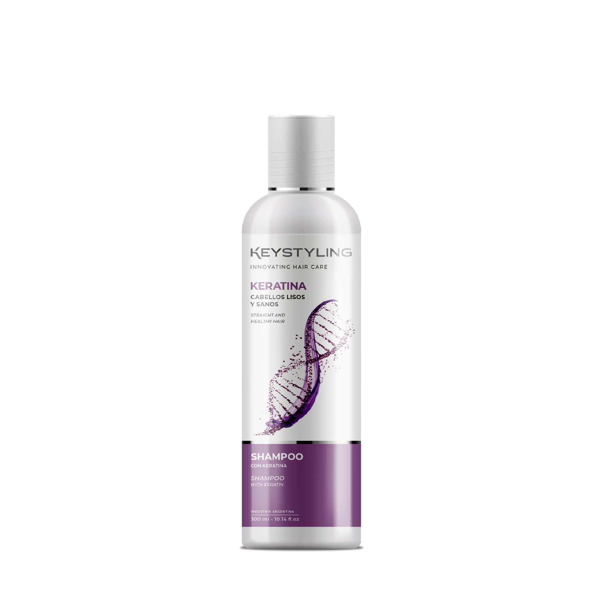 Una botella de champú con un aguacate sobre un fondo blanco.