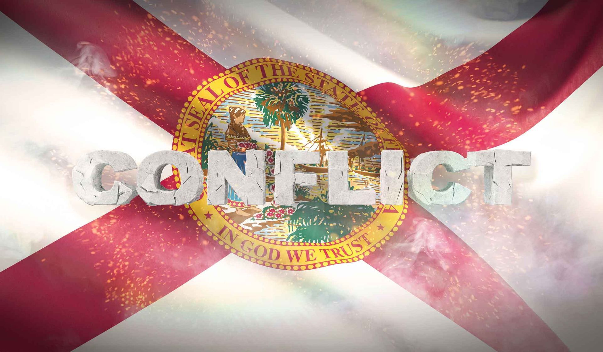 A Florida flag with the word conflict written on it