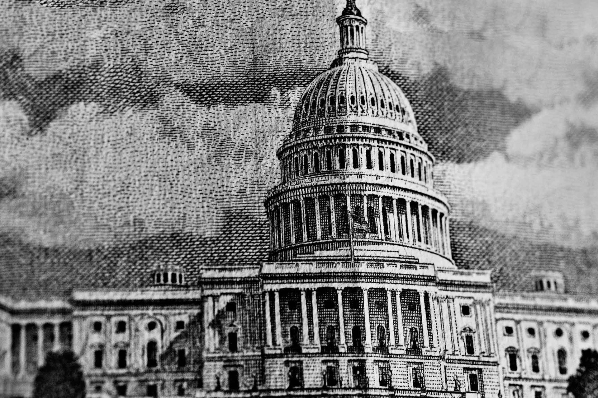 A black and white drawing of the capitol building in Washington D.C.