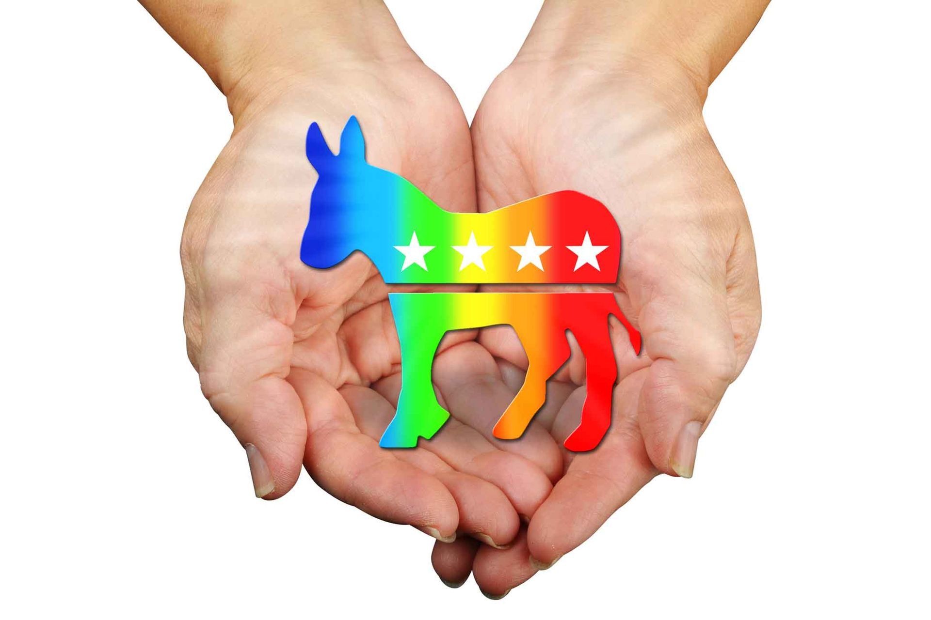 A person is holding a rainbow donkey in their hands