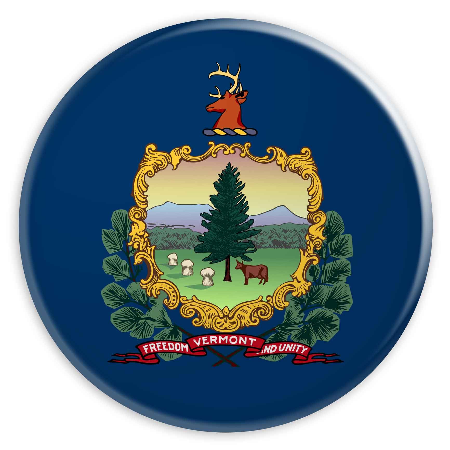 A button with the state flag of Vermont on it