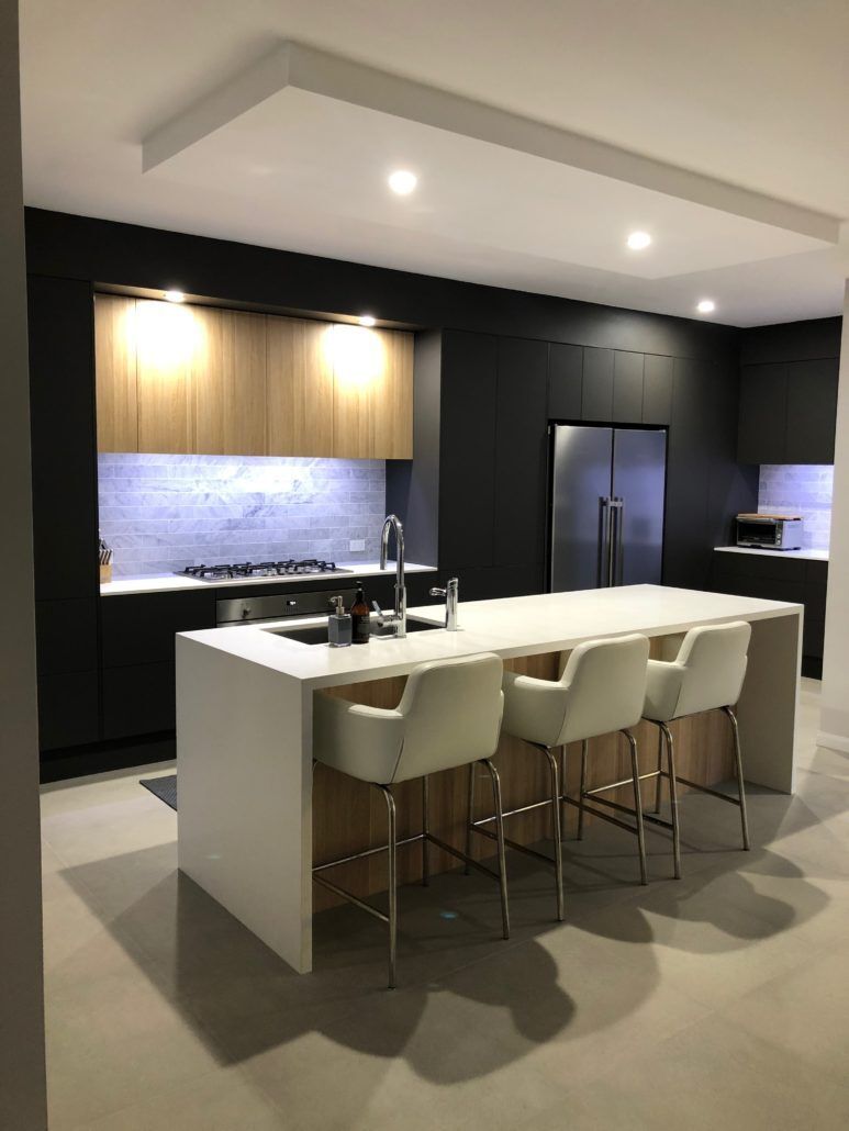 Polytec Venette Cinder Modern Kitchen With Island — Kitchen Designer in Charmhaven, NSW