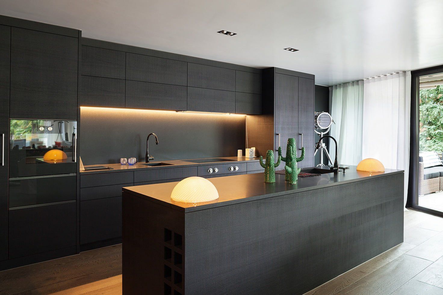 Modern Black Kitchen With Cactus Decor — Kitchen Renovations in Charmhaven, NSW