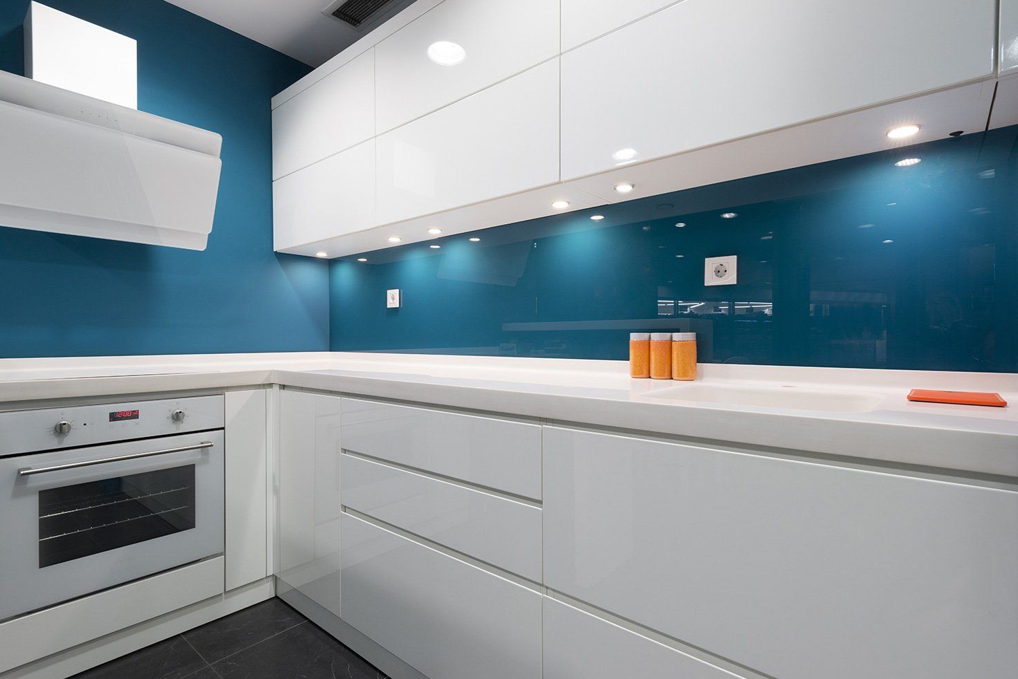 Kitchen Worktops And Blue Splashbacks — Kitchen Designer in Charmhaven, NSW