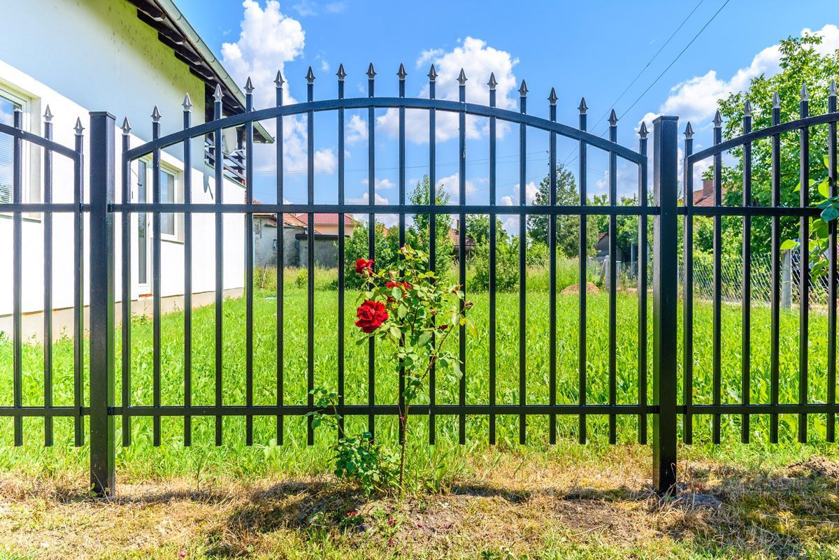 A black wrought iron fence surrounds a lush green yard.
