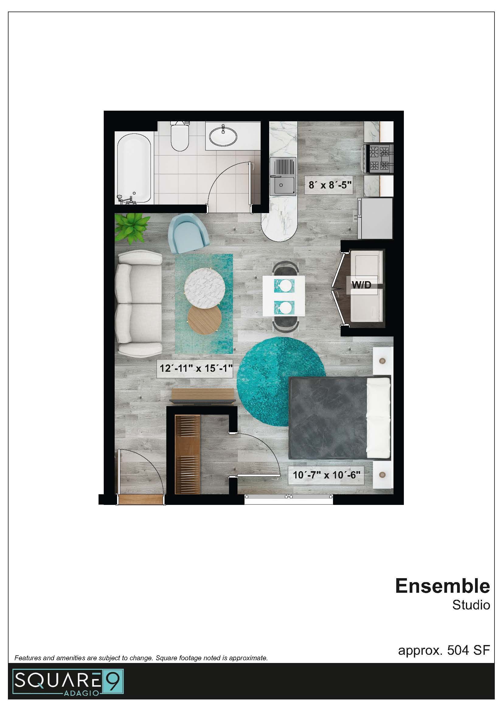 Ensemble Floor plan: Studio, Approx 504 square feet; with a living area, kitchen, bathroom, and bed.