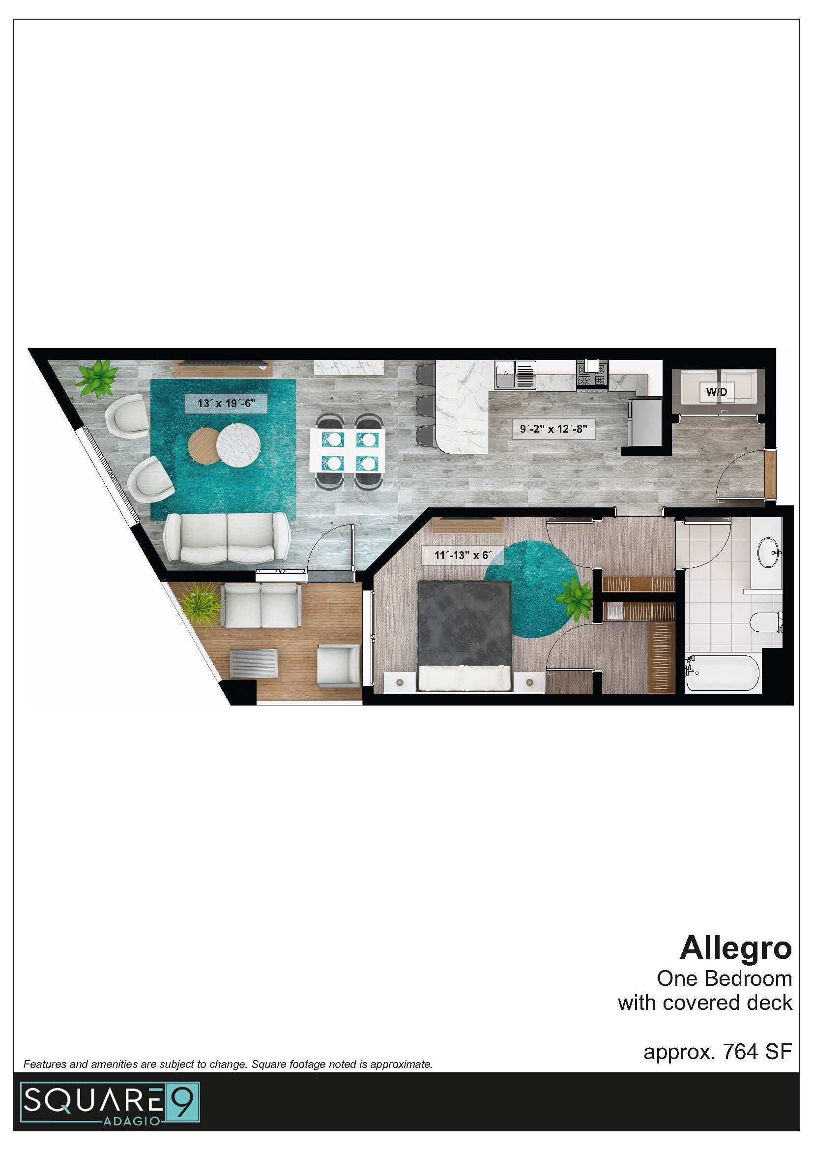 Allegro Floor plan: Studio, Approx 764 square feet; featuring a living area, kitchen, bedroom, and balcony.