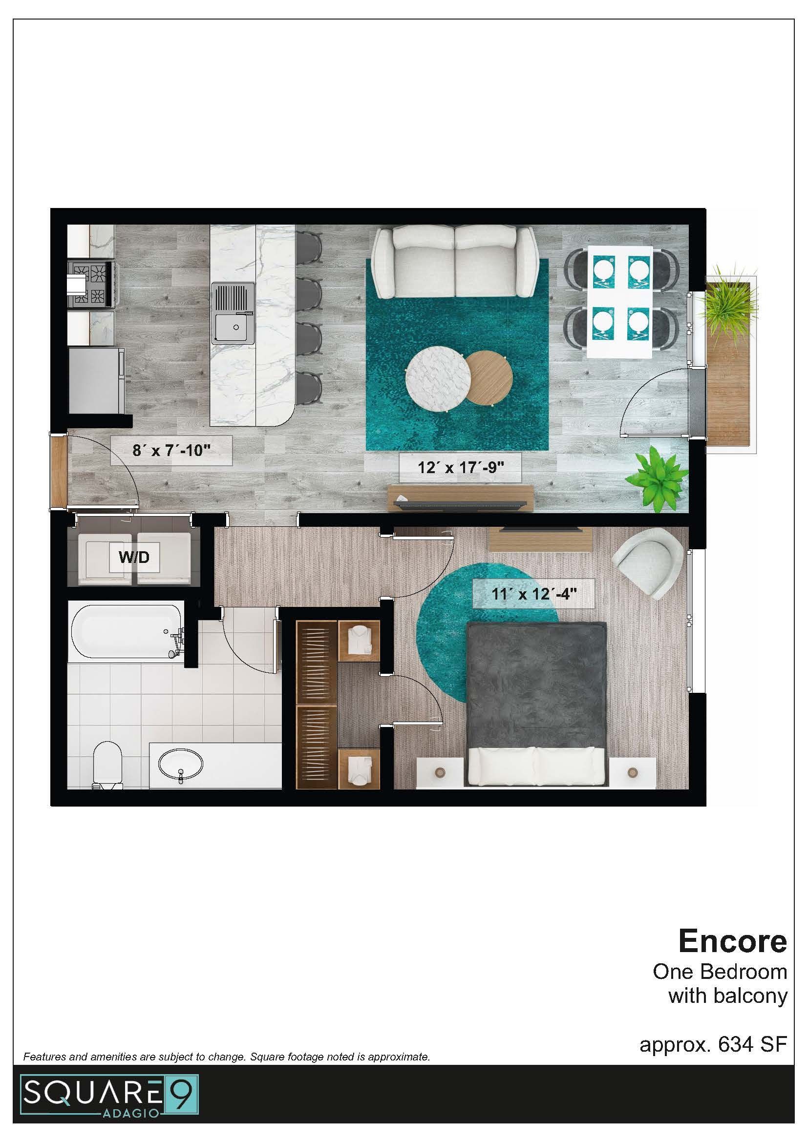 Encore Floor plan: studio, approx 634 square feet, witih balcony; apartment featuring kitchen, living room, bedroom, and bathroom in shades of gray, teal, and brown.