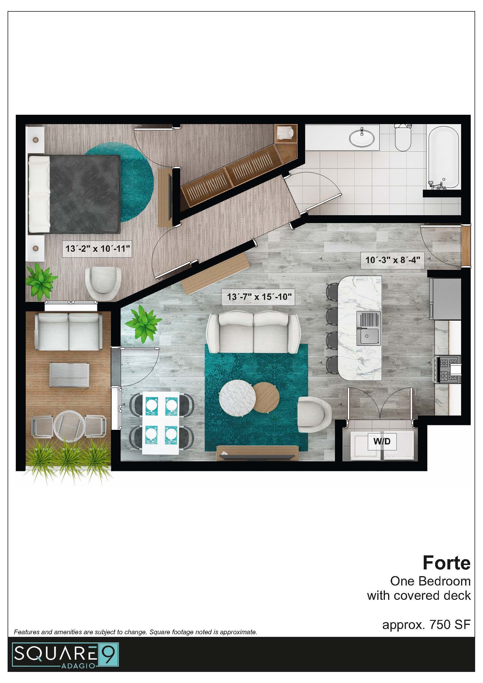 Forte Floor plan: one-bedroom apartment, approx 750 square feet, with covered deck, with a living area, kitchen, balcony, and bedroom.