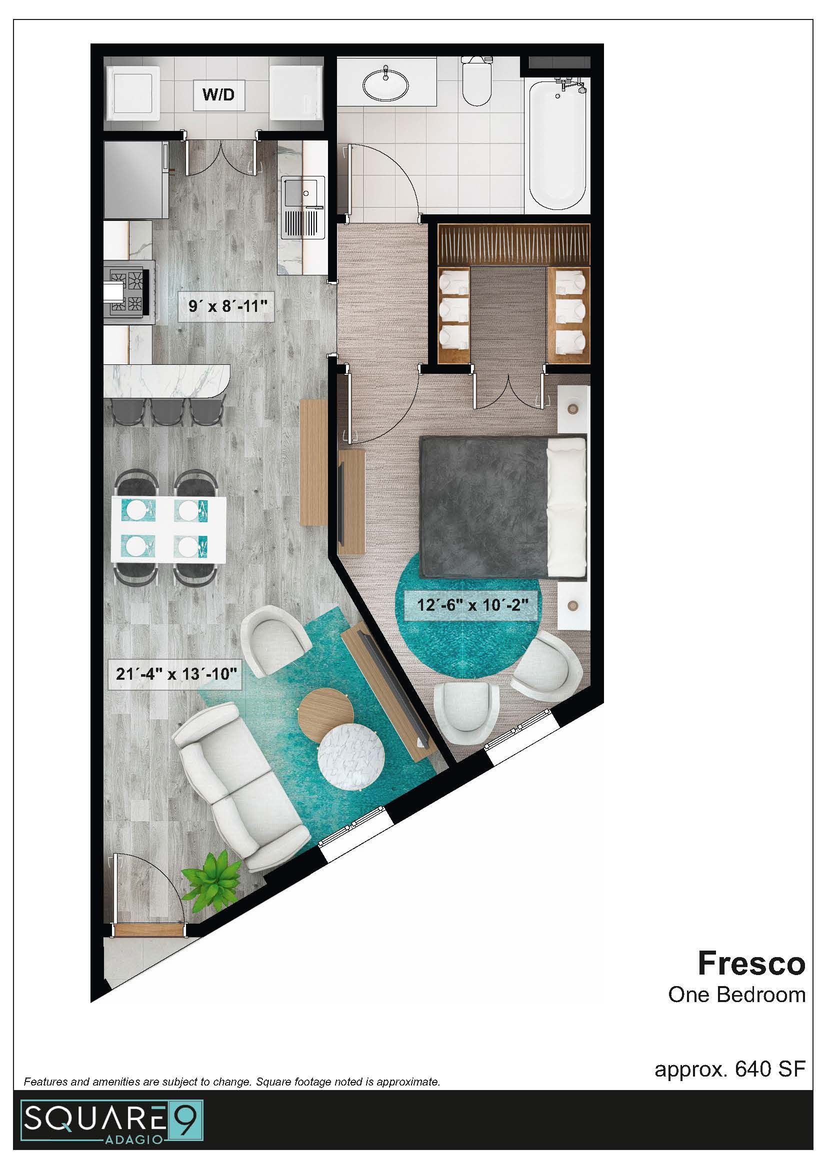 Floor plan of an apartment. Contains a kitchen, dining area, living room, bedroom, and bathroom.