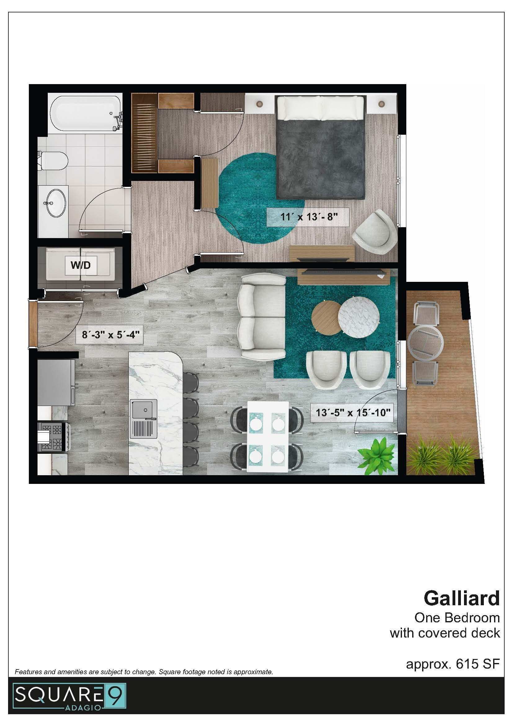 Floor plan of a studio apartment, featuring a bedroom, kitchen, living area, and deck.