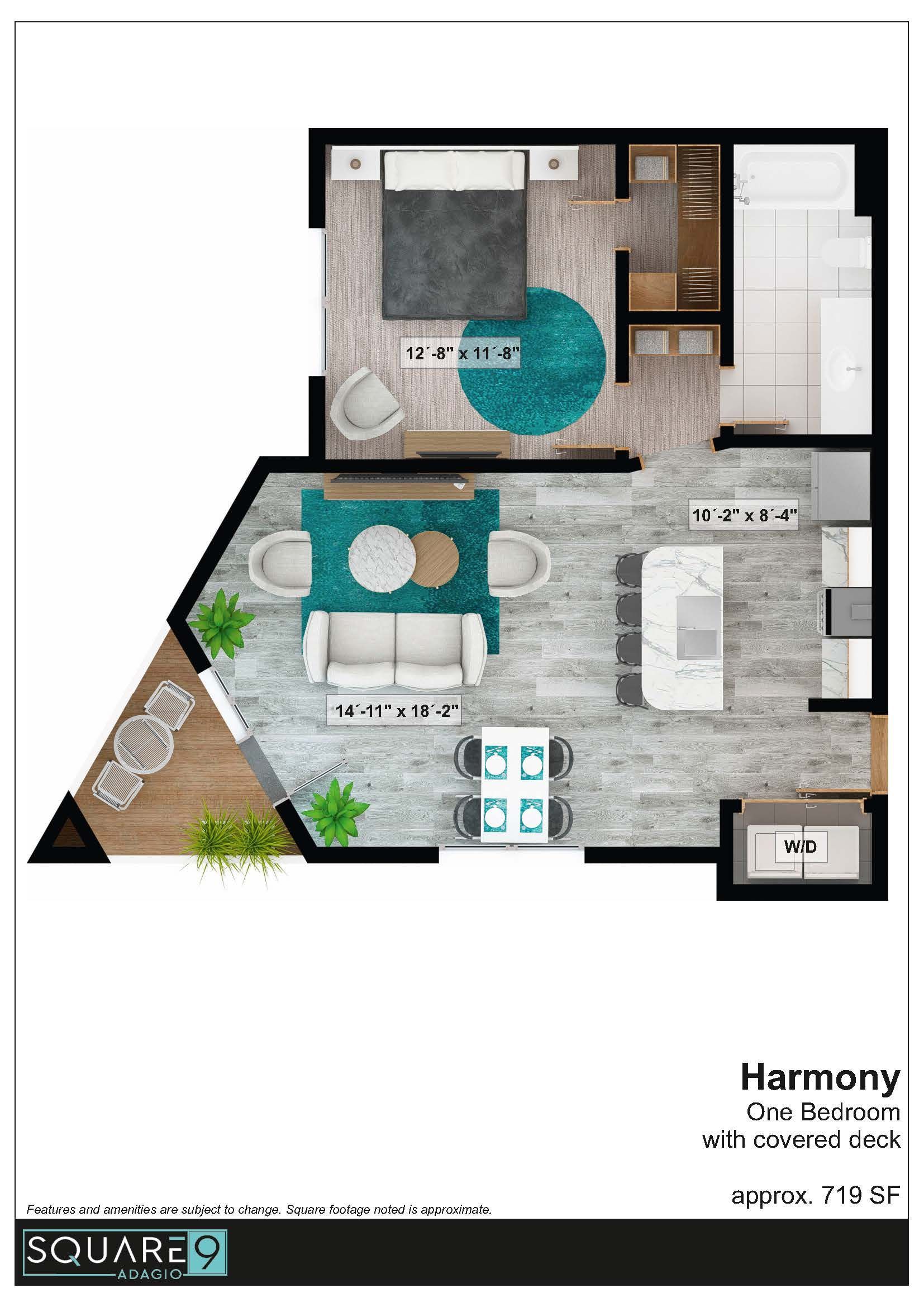 Floor plan of a studio apartment, featuring a bedroom, living area, kitchen, and balcony with furniture.