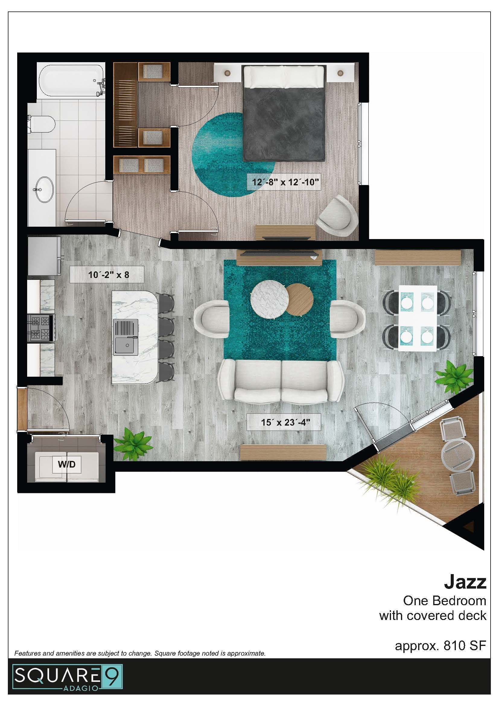 Floor plan of a one-bedroom apartment with a deck, featuring blue and white decor.