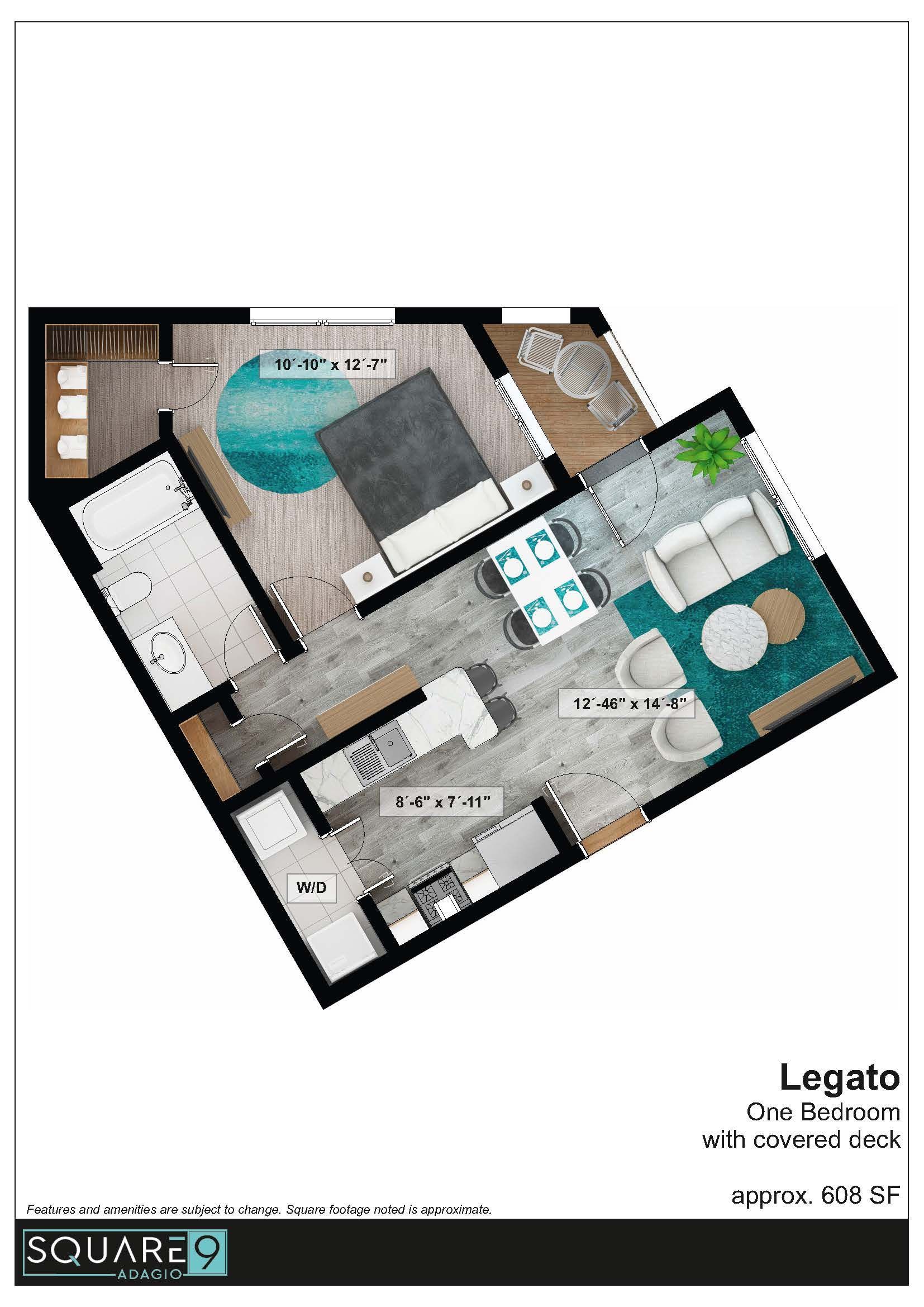 Floor plan: studio apartment with a bed, kitchen, living area, and balcony.