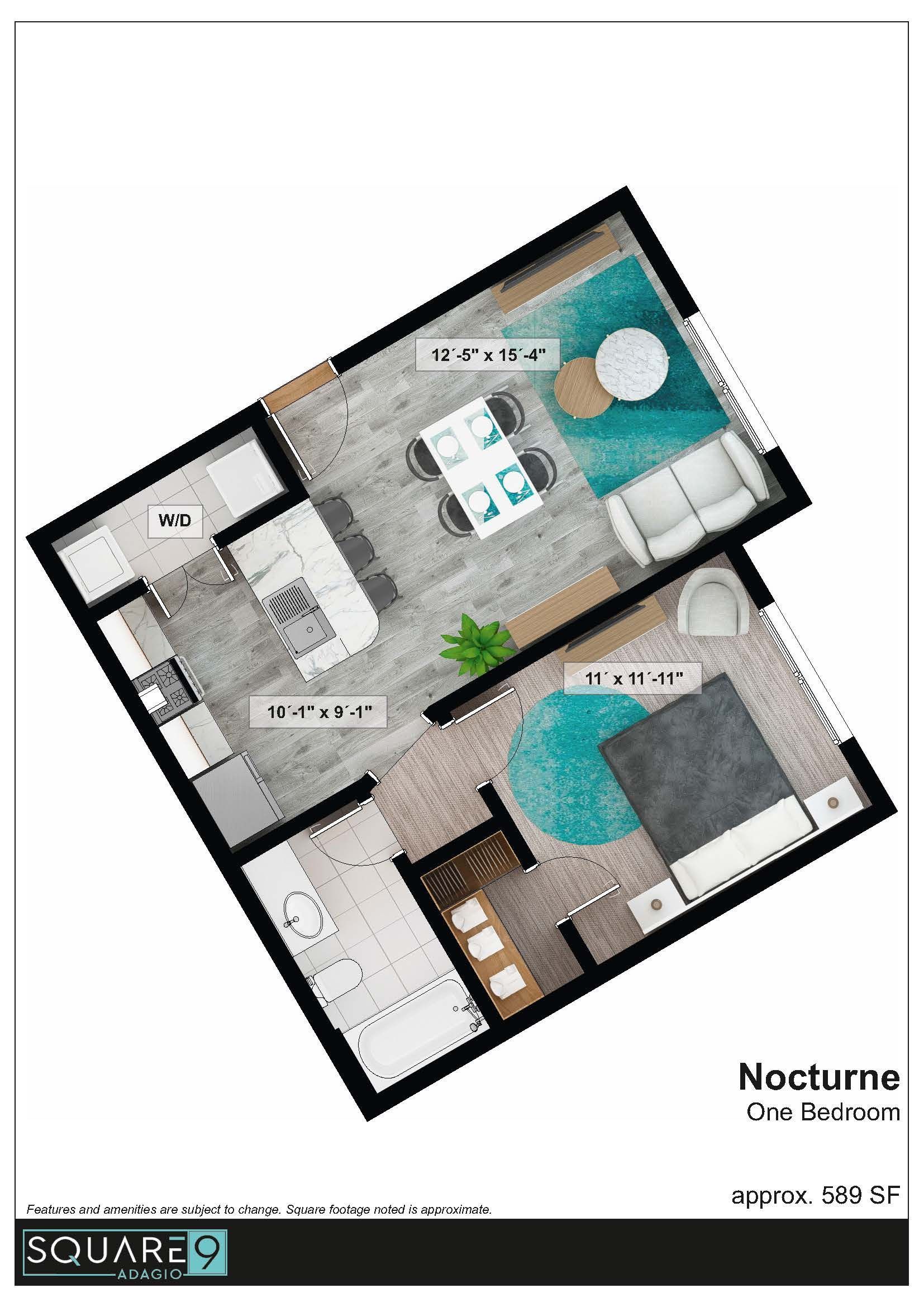 Floor plan of a studio apartment, featuring a bedroom, living area, and kitchen; blue and gray tones.