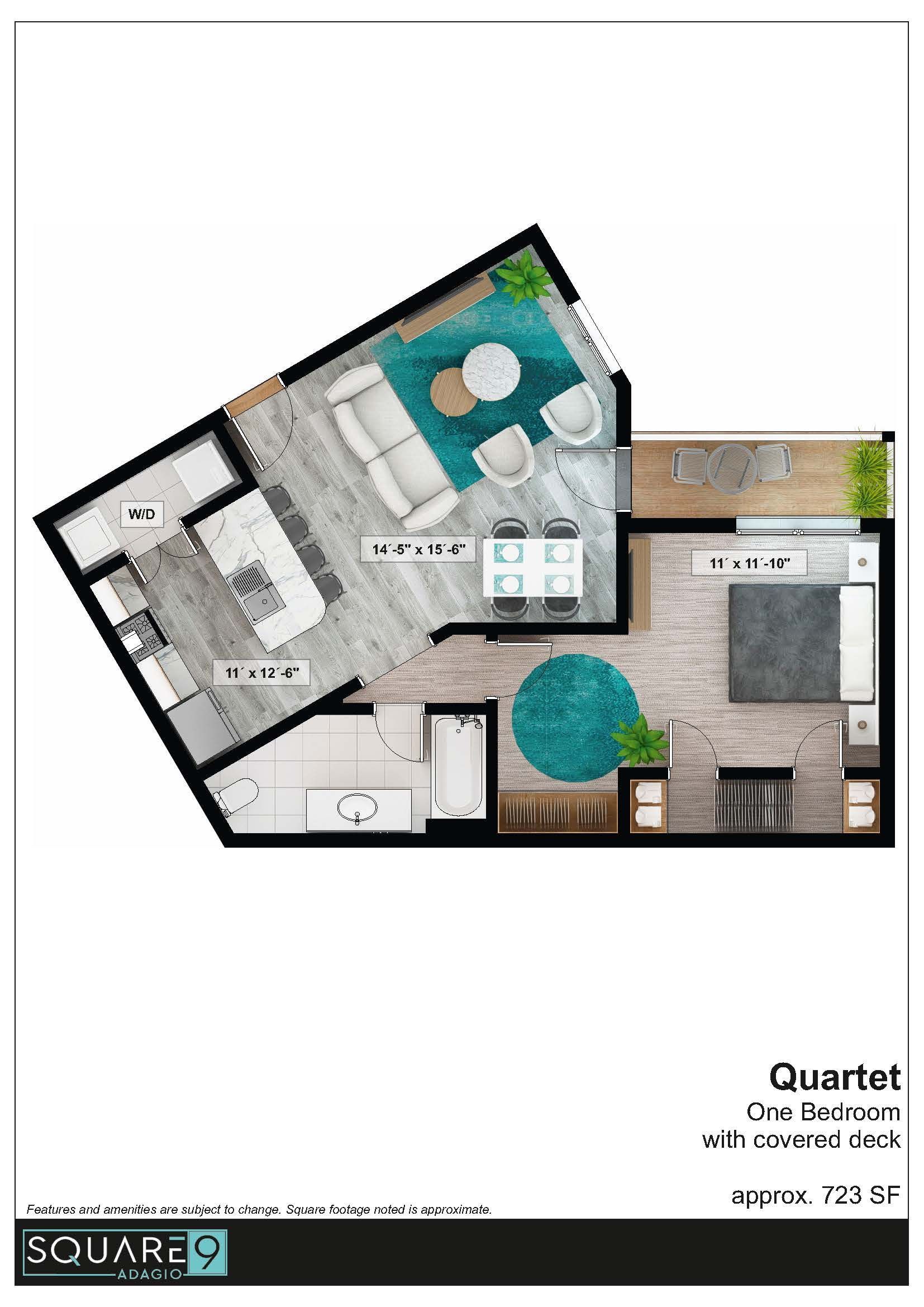 Floor plan of a one-bedroom apartment with a balcony. White, gray, and turquoise decor.