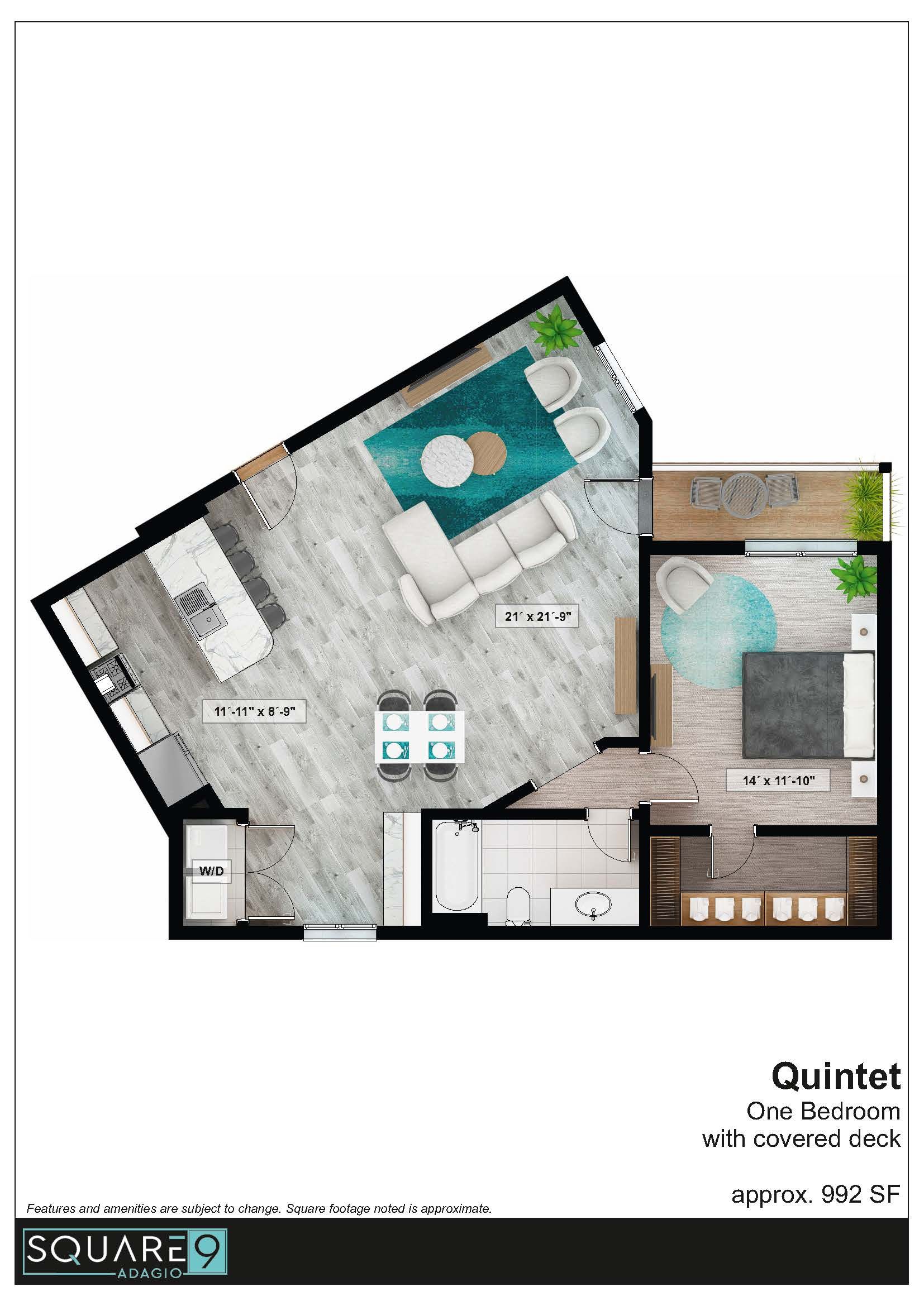Floor plan of a modern apartment with living area, kitchen, bedroom, and balcony.