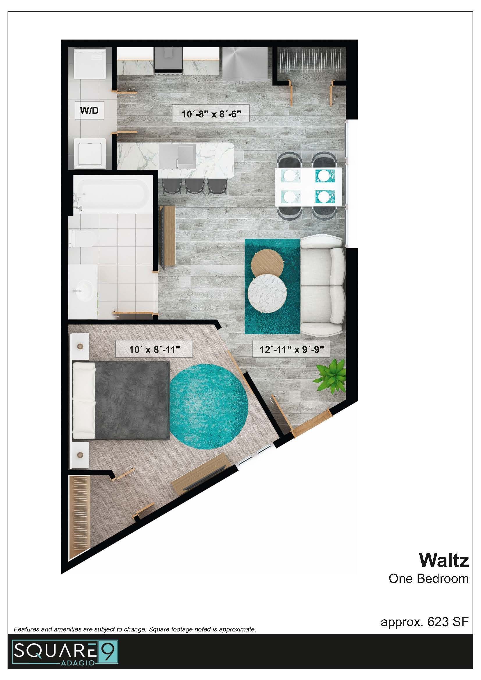 Floor plan of a studio apartment with a kitchen, dining area, living room, and bedroom.