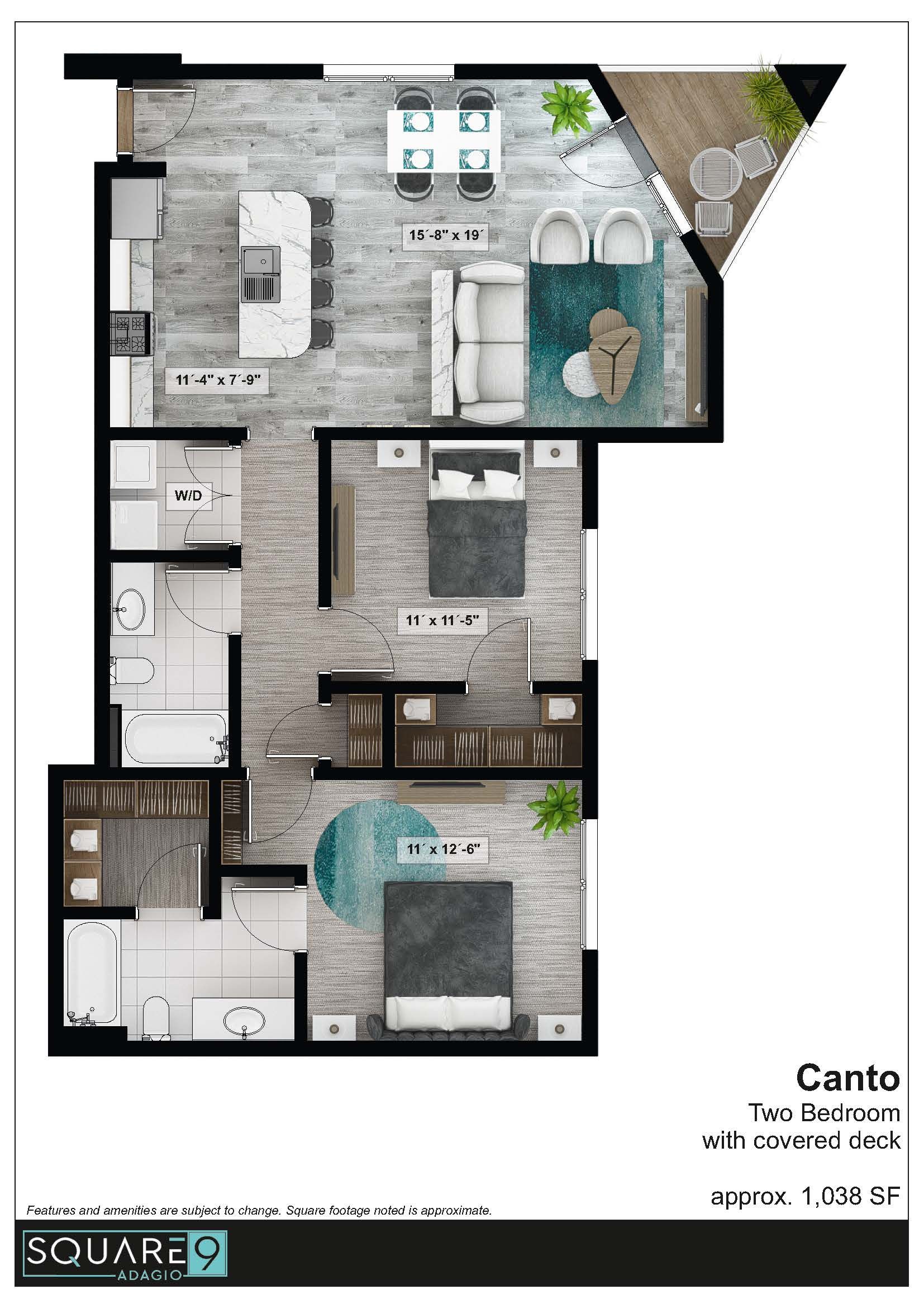 Floor plan of an apartment with three bedrooms, kitchen, living room, and outdoor deck.