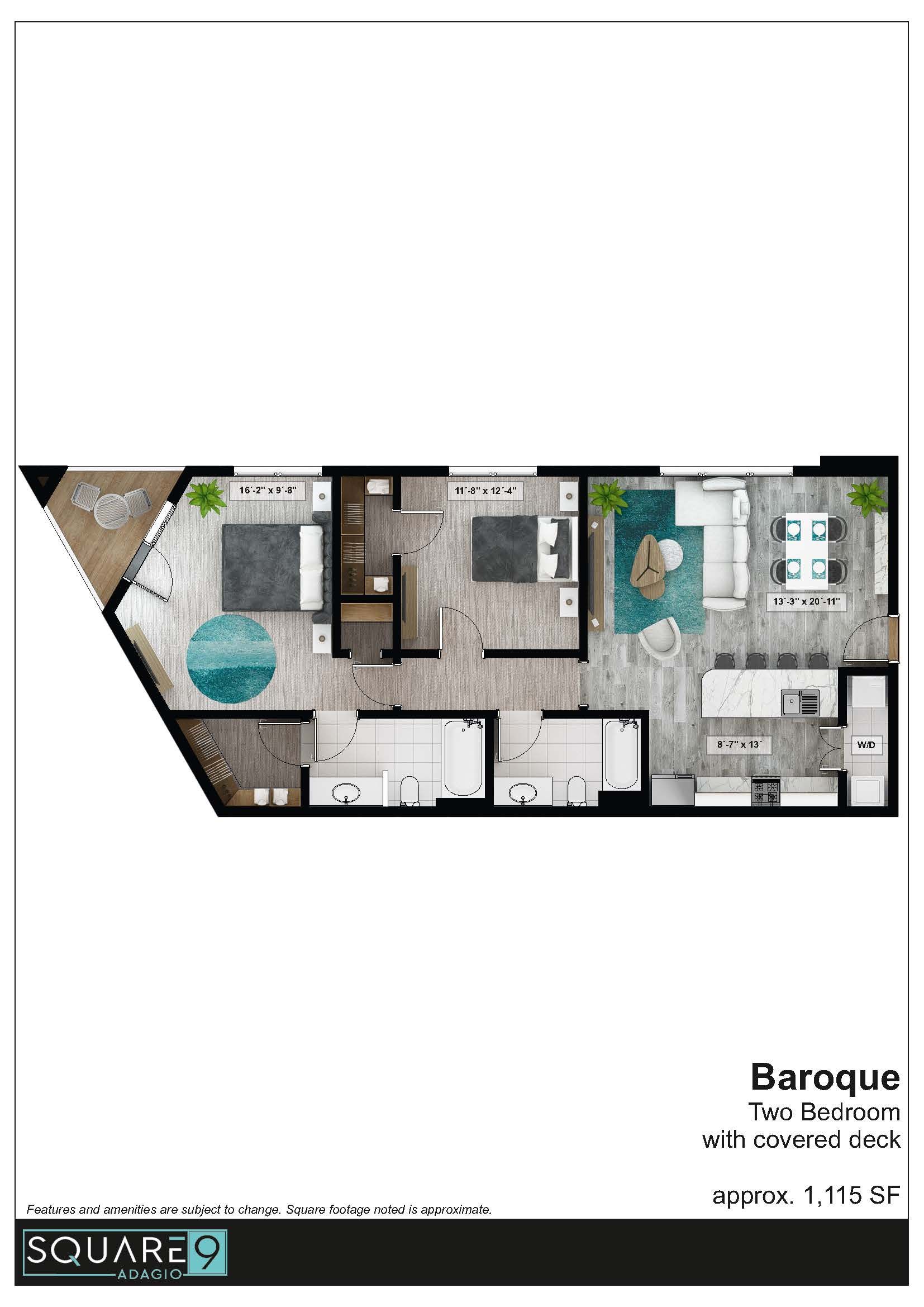 Floor plan of a Baroque apartment with a curved deck; includes two bedrooms, living/dining area, and kitchen.