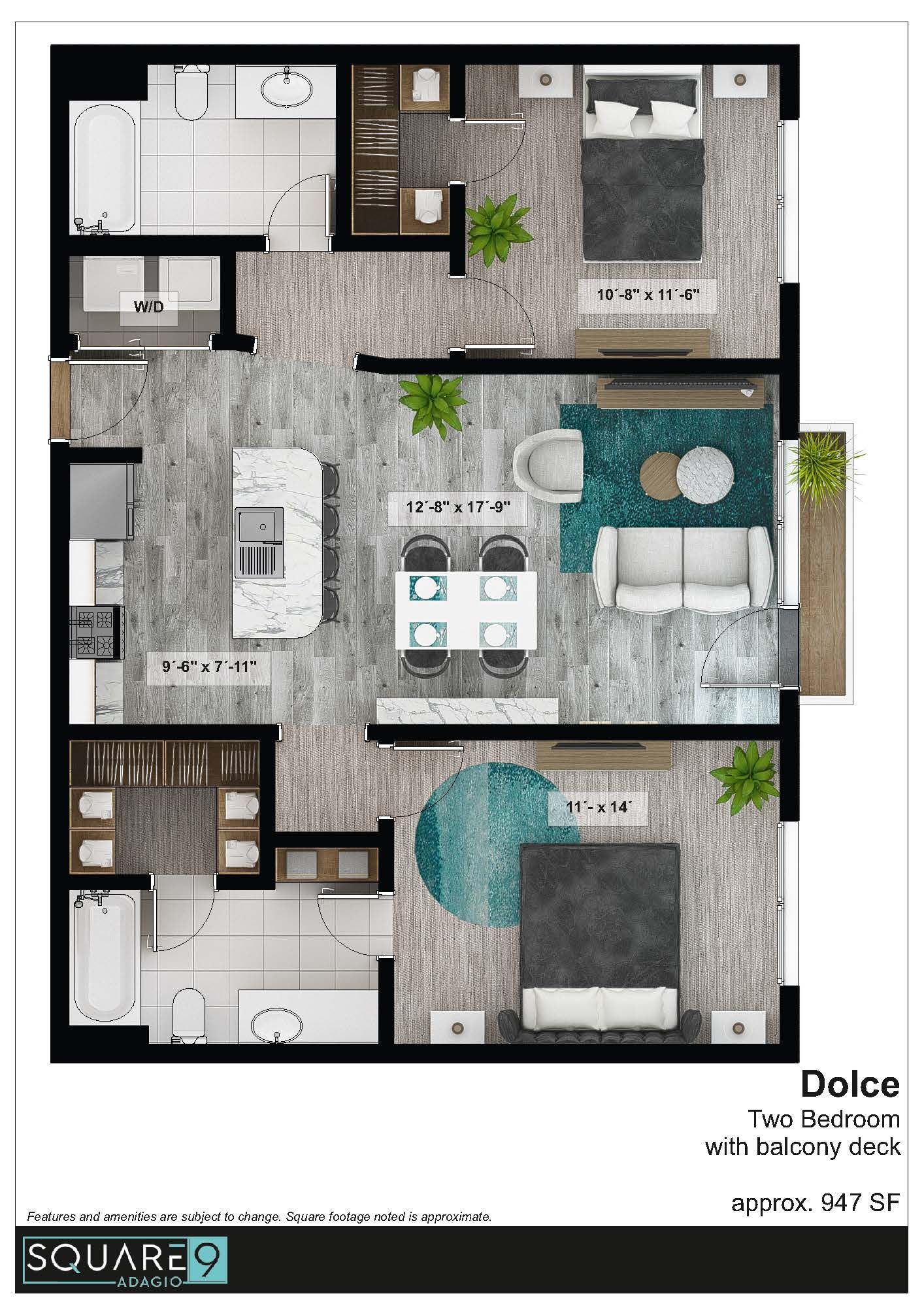 Floor plan of a two-bedroom apartment with a balcony. Interior design includes furniture placement and decor.