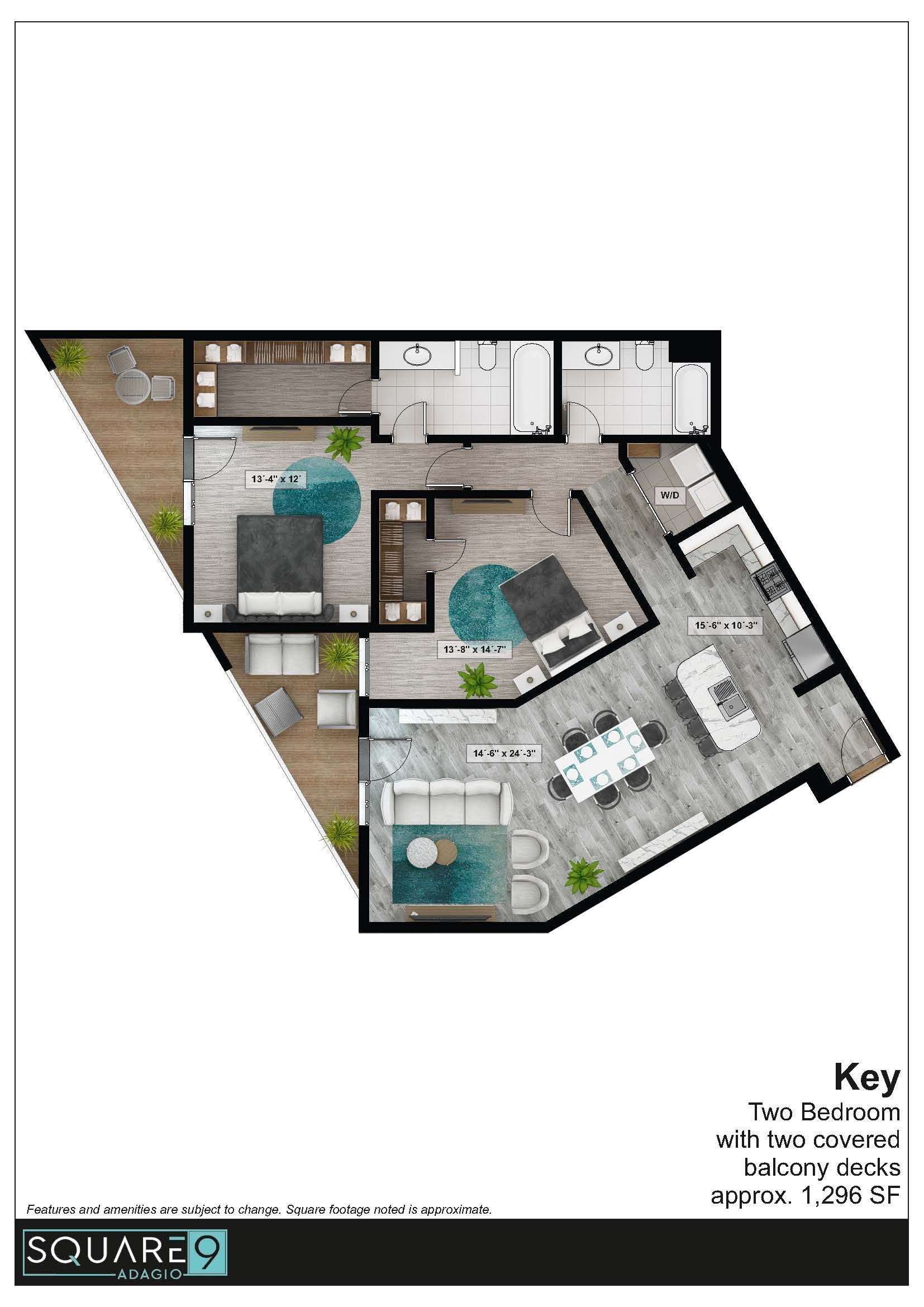 Floor plan of a modern apartment with two bedrooms, open kitchen, and balcony.