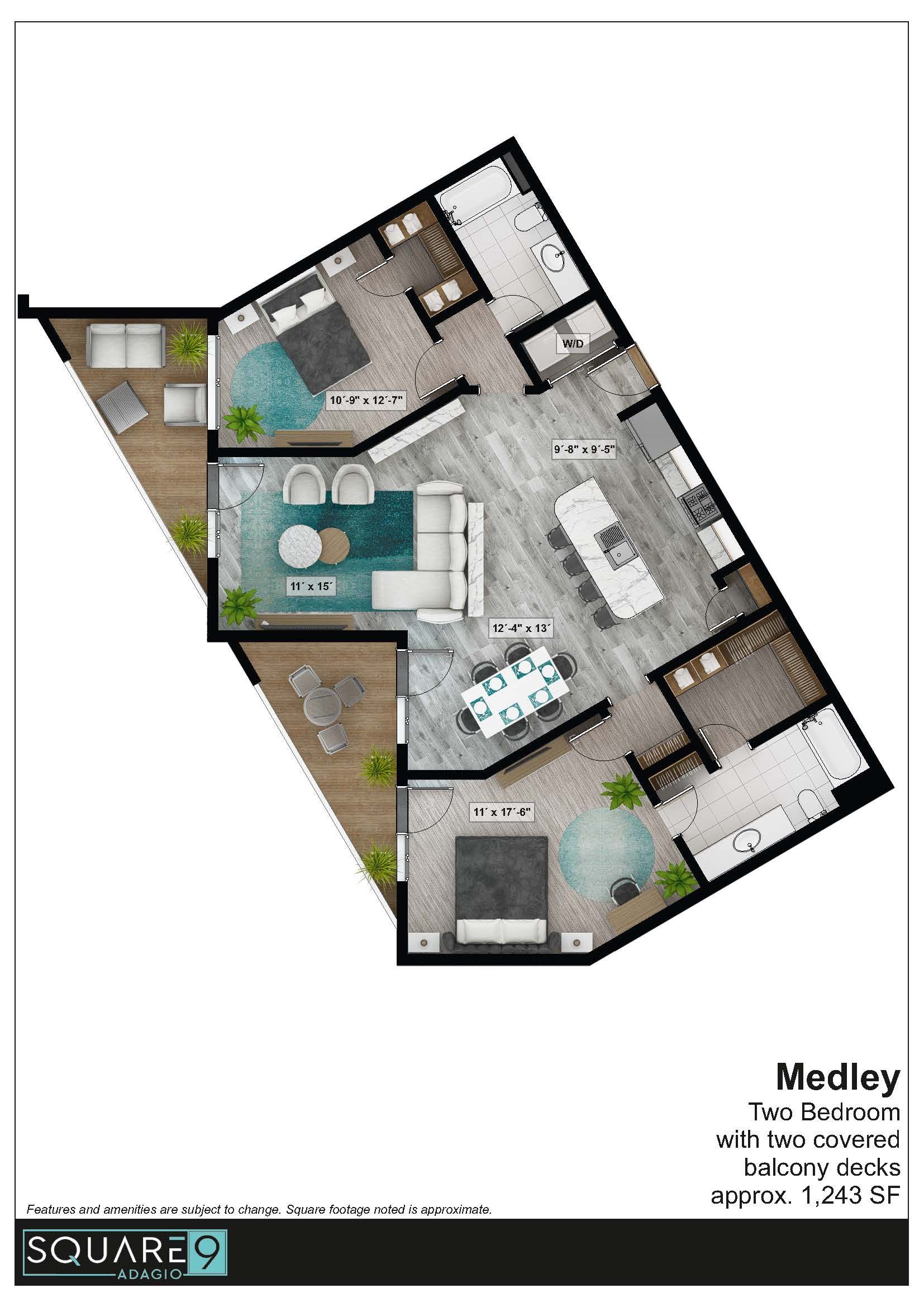 Floor plan of a modern apartment with living, dining, and kitchen areas, plus balconies and bedrooms.